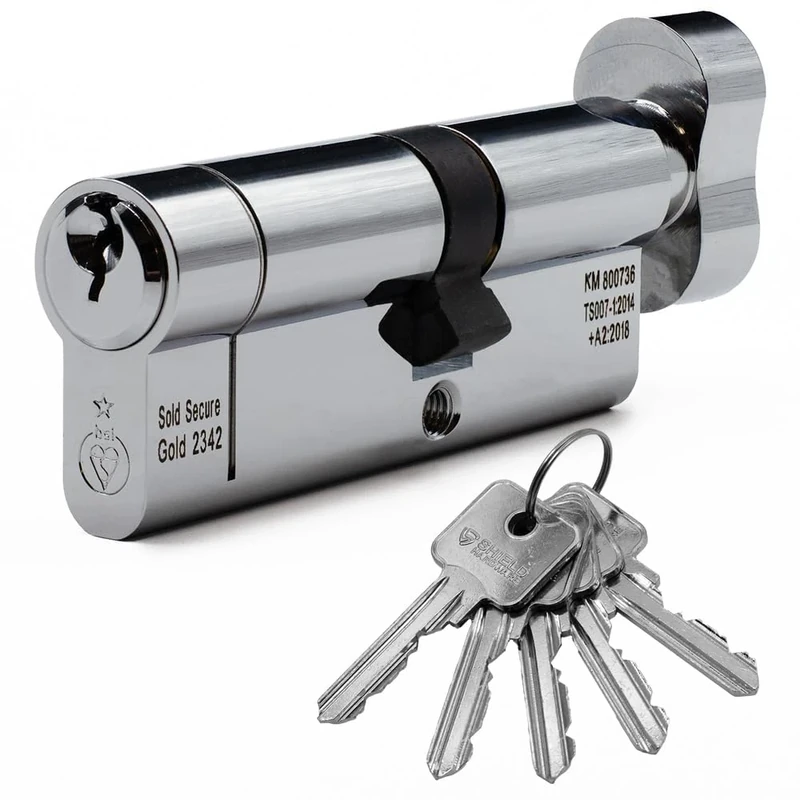 Euro Cylinder Door Lock Thumb Turn Chrome - BSI TS007 Sold Secure Gold Anti-Snap - Includes 5 Keys 40T/60