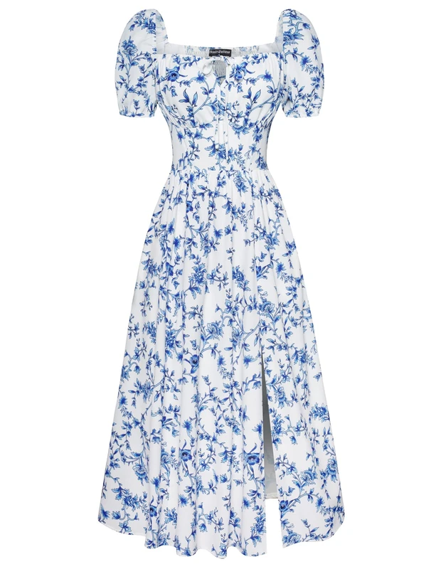 SCARLET DARKNESS Cottagecore Dress for Women Split Long Dress Milkmaid Corset Dresses, White Deep-Blue Floral, M - Image 1