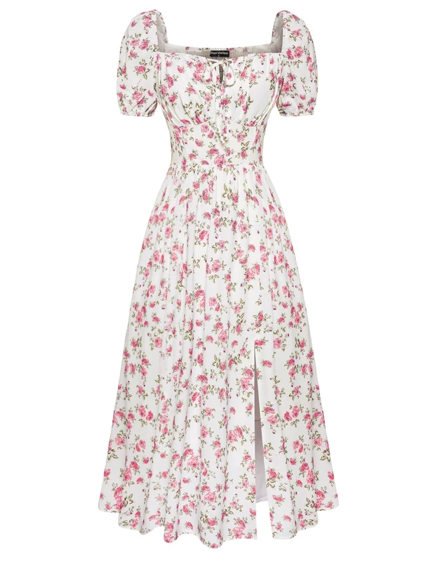 Scarlet Darkness Cottagecore Dress for Women Split Long Dress Milkmaid Corset Dresses, White Pink Floral, S
