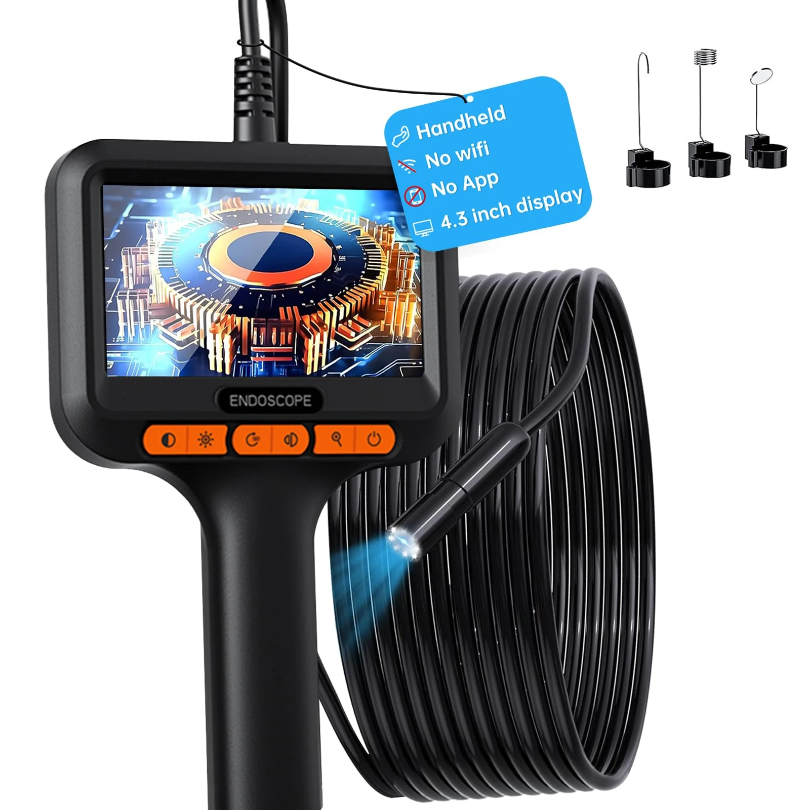 Borescope camera with 4.3'' IPS screen, 1080P HD flexible rigid snake endoscope inspection camera with 8 LED lights, handheld IP67 waterproof drain cameras, 16.5ft flexible