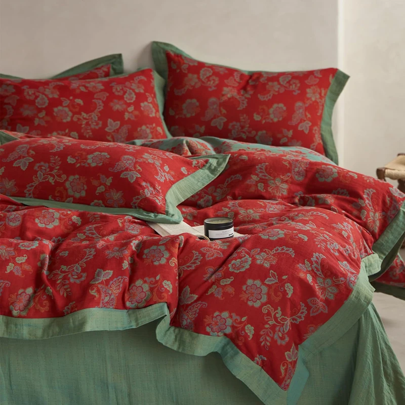 mixinni Exquisite Vintage Bedding Set with Red Floral Pattern Queen Size Yarn Dyed Jacquard Texture Design with Green Trim Premium Muslin Cotton Linen Bedding Set for All
