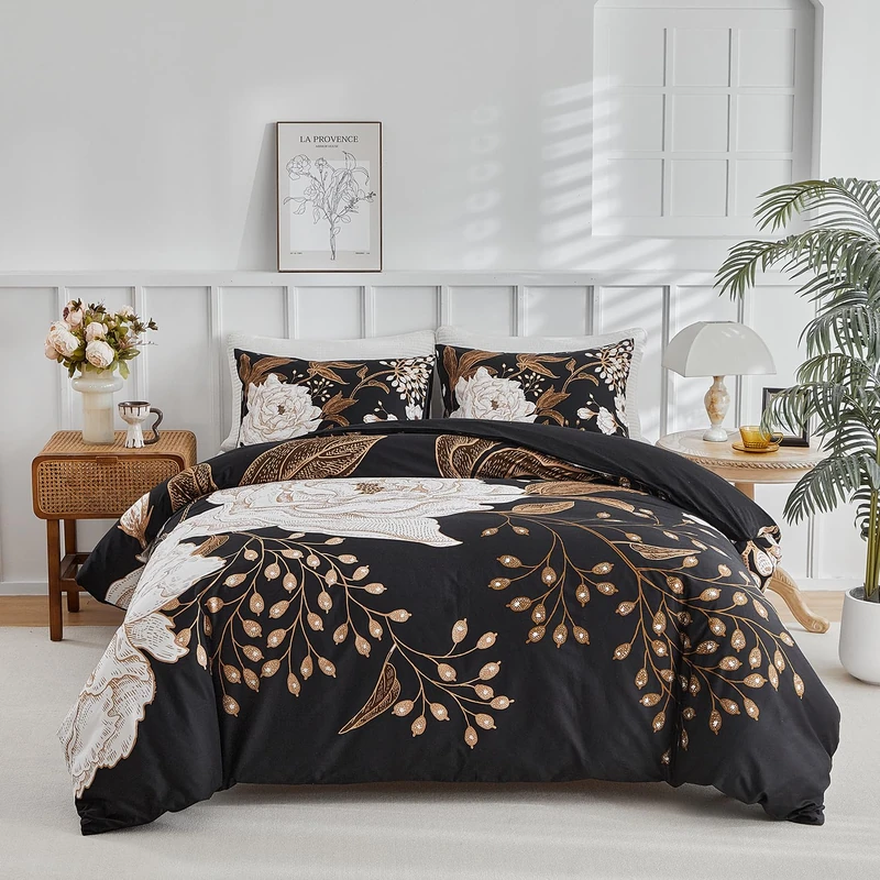 mixinni Floral Duvet Cover Queen Size, 3 Pieces White Flowers and Gold Leaves Printed on Black Bedding Set, Soft Premium Cotton Reversible Elegant Floral Duvet Cover Set for All Season-Queen Size
