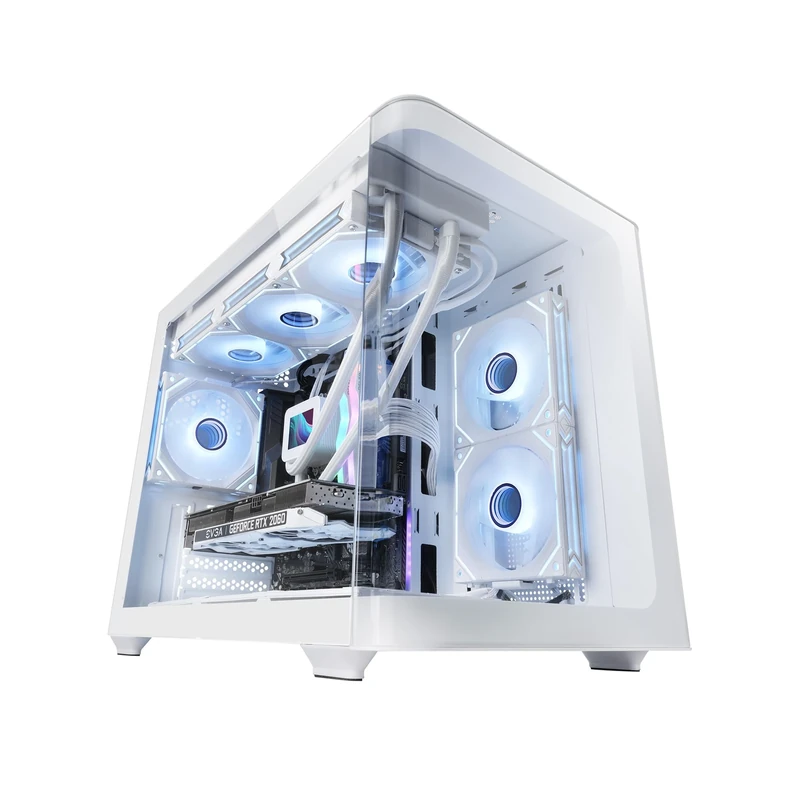 Mars Gaming MC-FUSIONM, Gaming Micro-ATX Case, Full Side Window and Continuous Curved Tempered Glass Front, PC Mini-Tower Dual-Chamber Design, Liquid Cooling Support, Optimized Internal Space, White