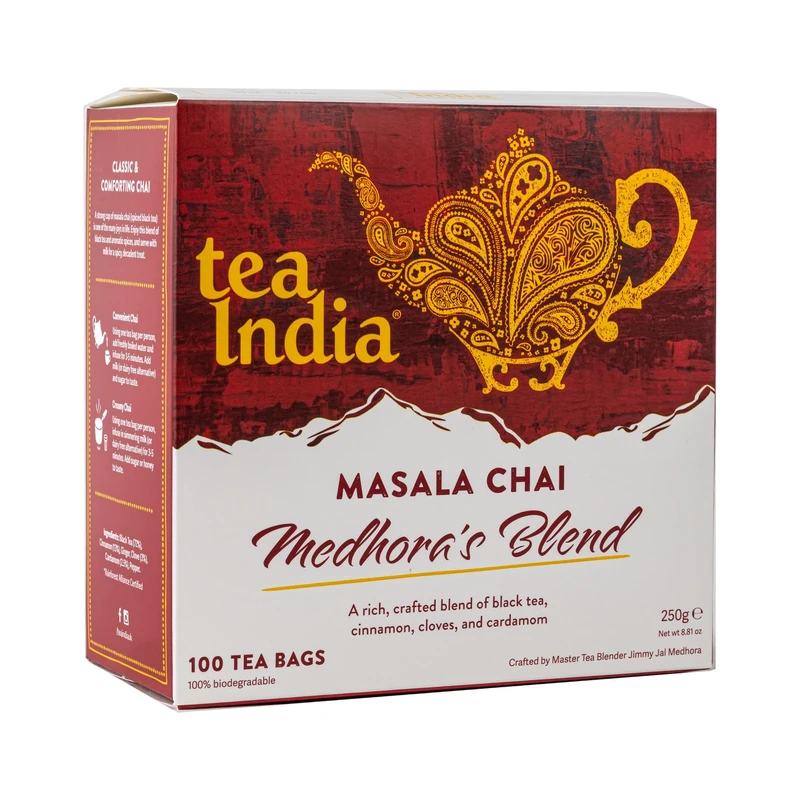 Tea India Medhora's Blend Masala Chai Tea Bags (100 Chai Tea Bags Bulk) Rainforest Alliance Certified | Biodegradable | Masala Chai Spiced Chai Blend of Black Tea, Ginger Tea, Cinnamon
