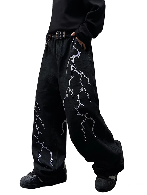 DFGIGT Mens Y2k Hip Hop Baggy Jeans Wide Leg Denim Pants Casual Loose Fit Trousers Streetwear, B10 Black, X-Small