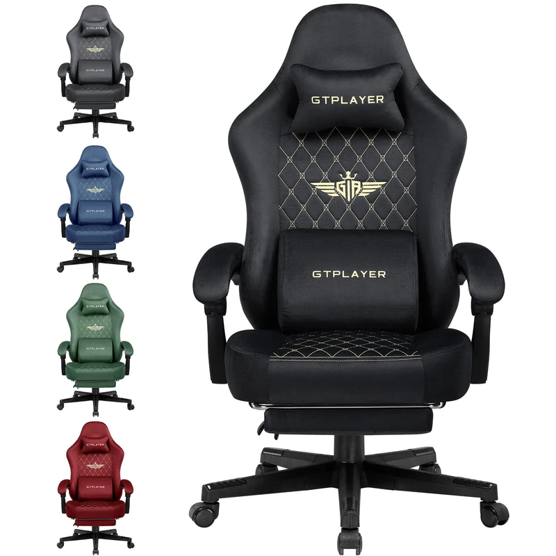 GTPLAYER Fabric Gaming Chair, Ergonomic Computer Chair with Footrest and Lumbar Support Height Adjustable Home Office Chair with 360°-Swivel Seat and Headrest (Black)