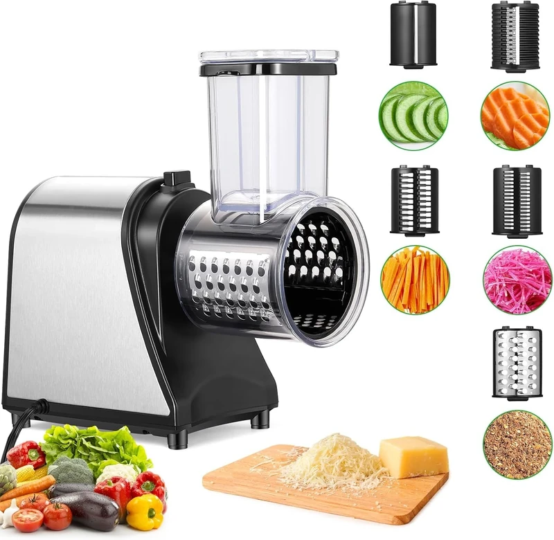 COOCHEER Electric Vegetable Cutter, 250 W Vegetable Slicer, Stainless Steel, Large Calibre, Cheese Grater with 5 Blades for Various Vegetables