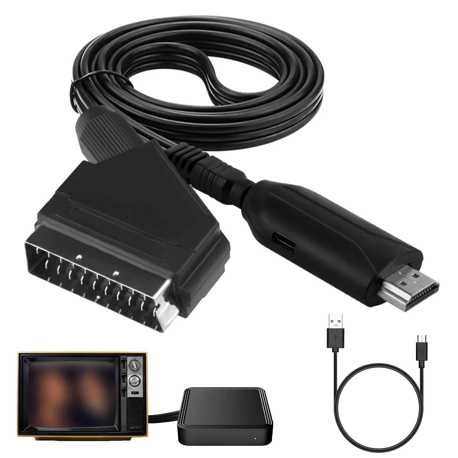 SCART to HDMI Converter with USB Cable - All-in-One HD 720/1080P Input/Output for HDTV, STB, VHS, Xbox, PS3, Sky, Blu-Ray
