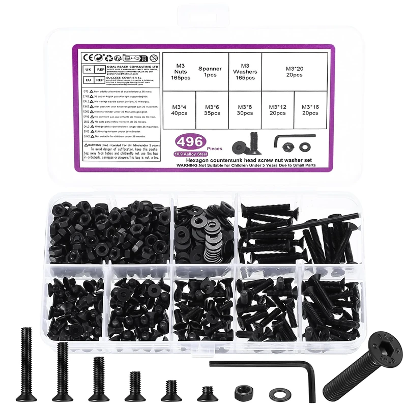 496 Pcs M3 Screws Set, M3 Bolts and Nuts Set, Countersunk Screws Nuts and Bolts Sets, Flat Head Machine Screw and Washers, Hex Socket Head Cap Screw Assortment with Wrench