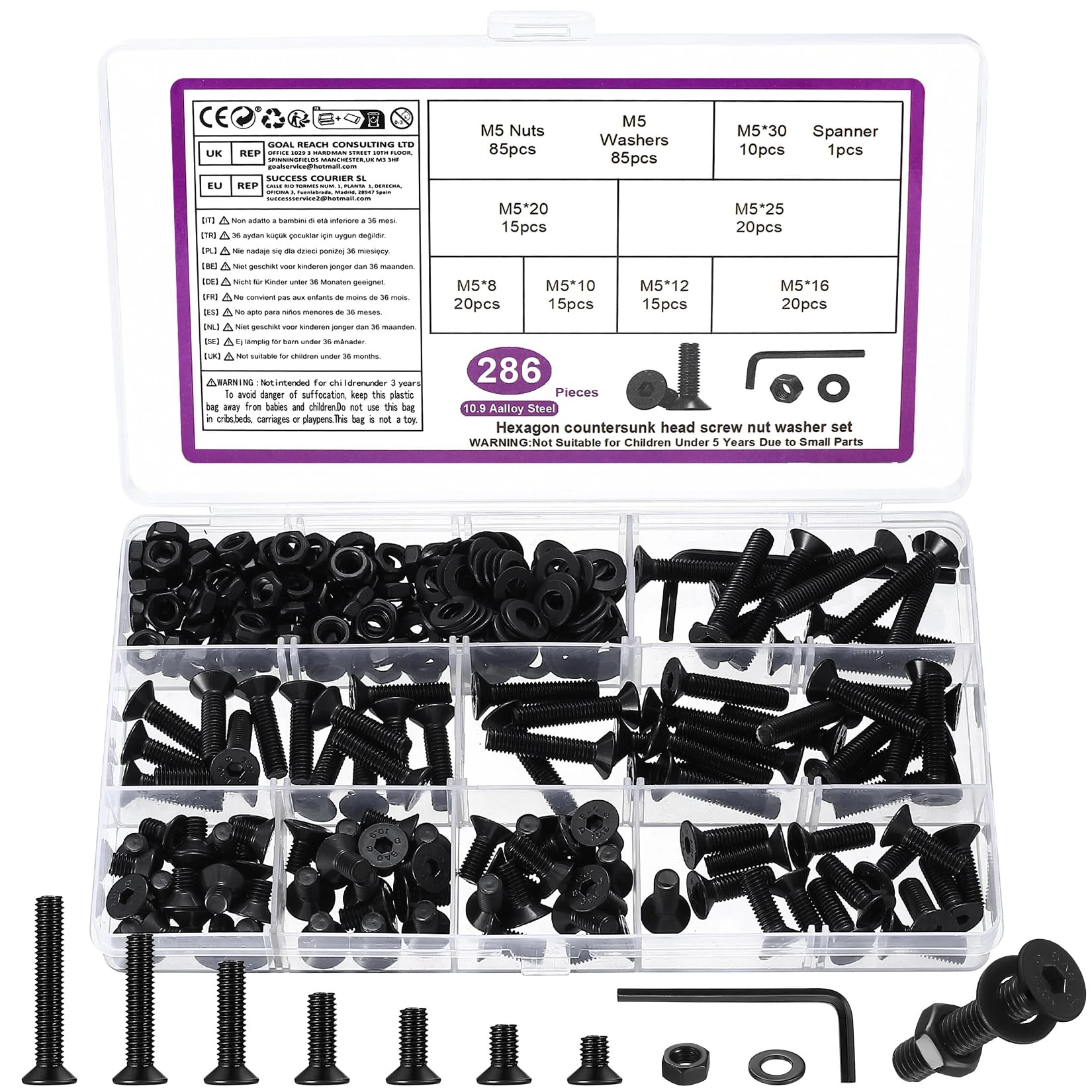 286 Pcs M5 Screws Set, M5 Bolts and Nuts Set, Countersunk Screws Nuts and Bolts Sets, Flat Head Machine Screw and Washers, Hex Socket Head Cap Screw Assortment with Wrench