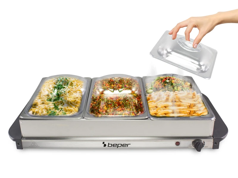 BEPER P101TEM002 Buffet Warmer, Food Warmer, 4 Removable Trays + Hot Plate Base, Adjustable Thermostat and Heat Insulating Handles, Dishwasher Safe, Ideal for Parties