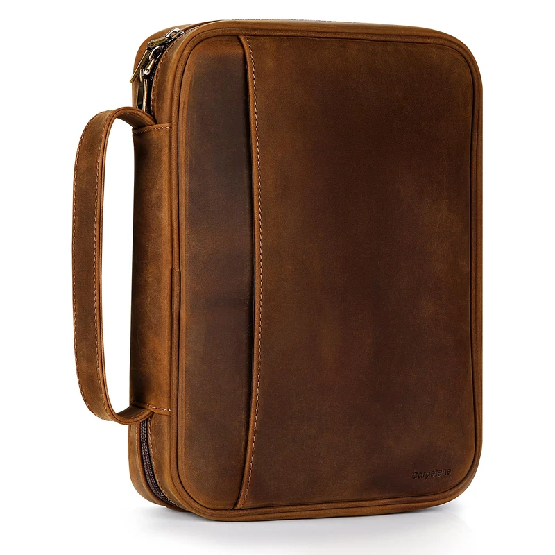 Carpetene Genuine Leather Bible Cover Cowhide Bible Case for Men Women Church Bag Protective Book Holder with Double Zippers Full Grain Leather Portfolio Organizer Bible Carrying Case with Handle
