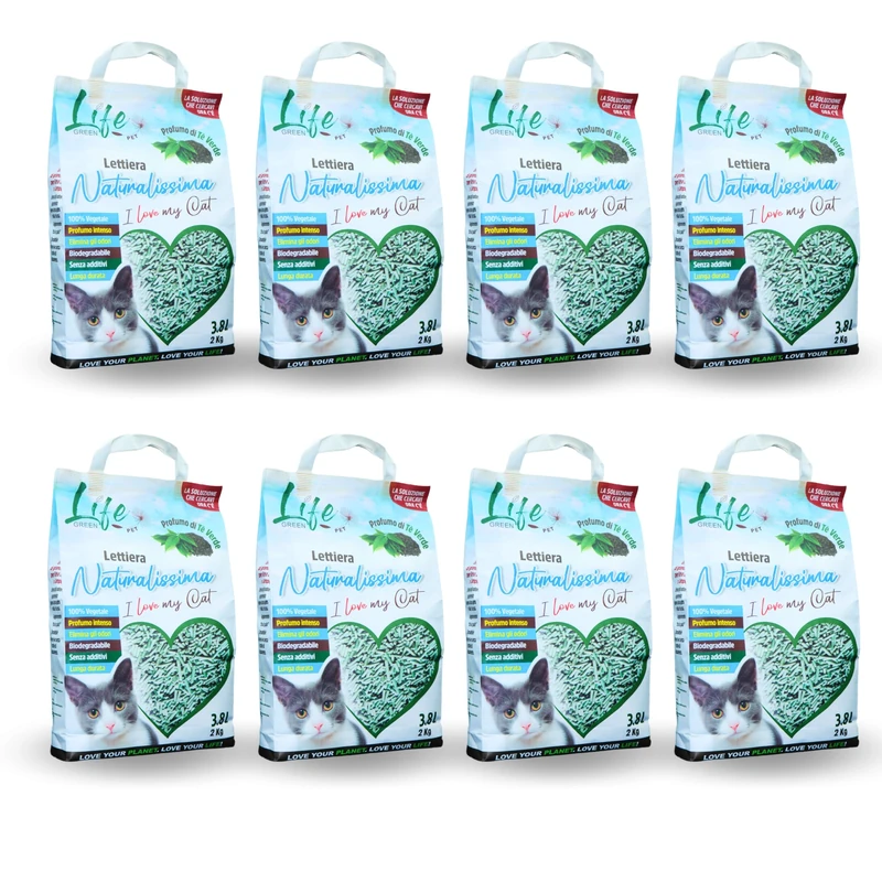 LifeGreen Natural Cat Litter Tray 16 kg Green Tea with Pea Fibre and Corn Starch, Vegetable, Biodegradable, Agglomerating, Odour Eliminating