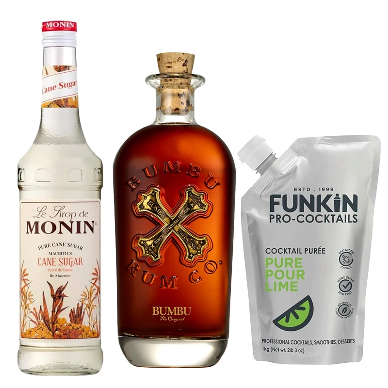 Bumbu Original Rum 70cl, Monin Pure Cane Sugar Syrup 70cl & Funkin Pro Lime Mixer 1kg – Daiquiri Cocktail Bundle