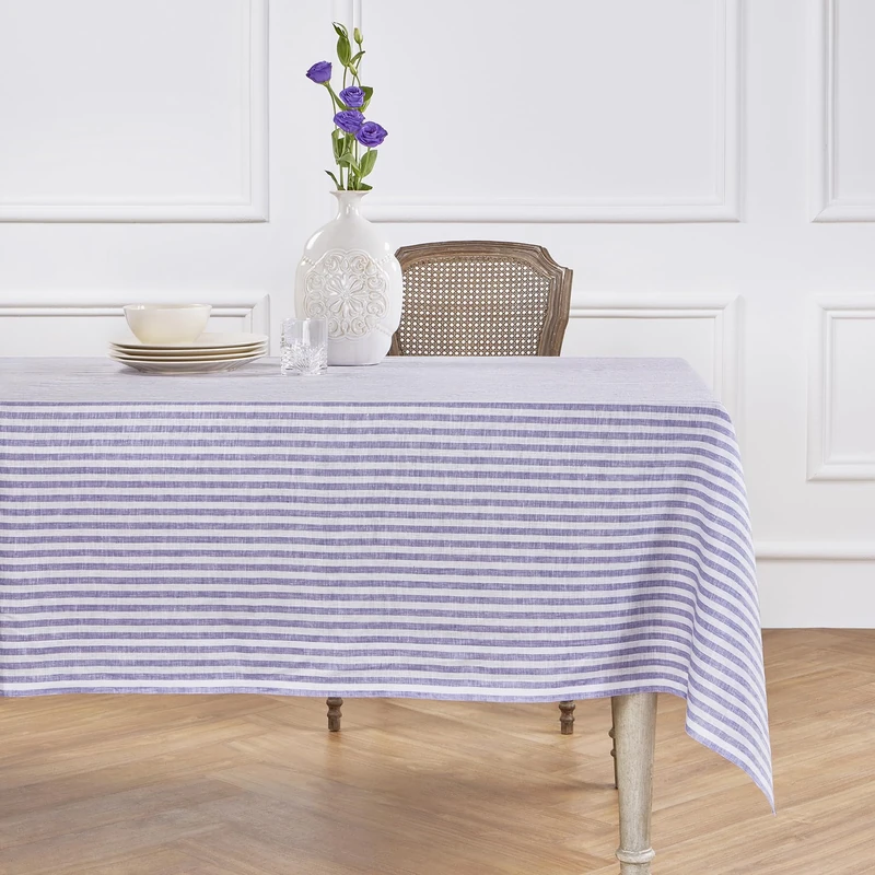 Solino Home Linen Striped Tablecloth 60 x 120 Inch - 100% Pure Linen Violet and White Table Cloth for Rectangle Tables - Amalfi Stripe, Machine Washable Tablecloth for Summer