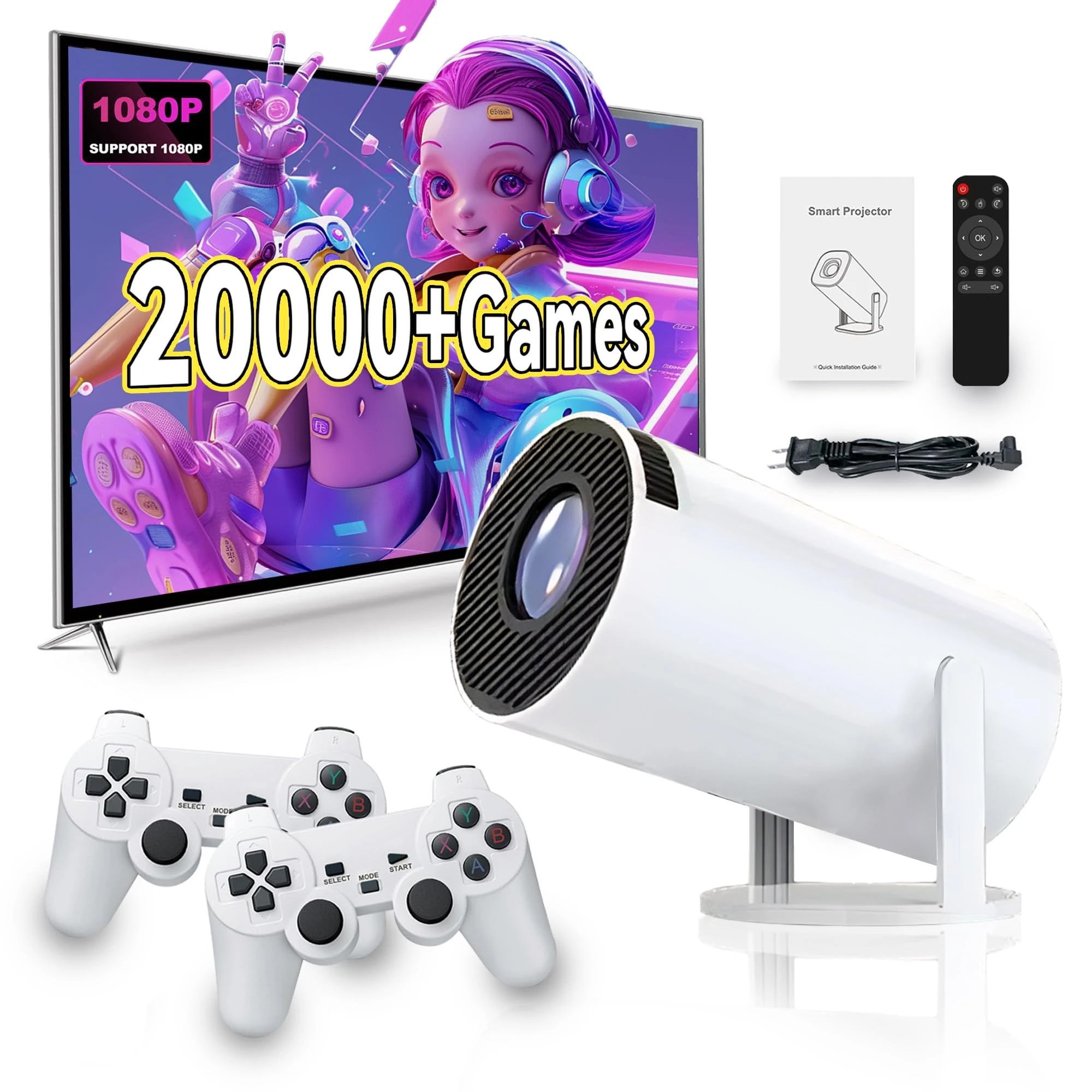 Portable Mini Projector with 2 Gamepad, X30 130 Inch Outdoor Video Game Console Projector with Classic Game 20000+, 4K Screen Theater Movie Projector Support WiFi, Bluetooth with Controller