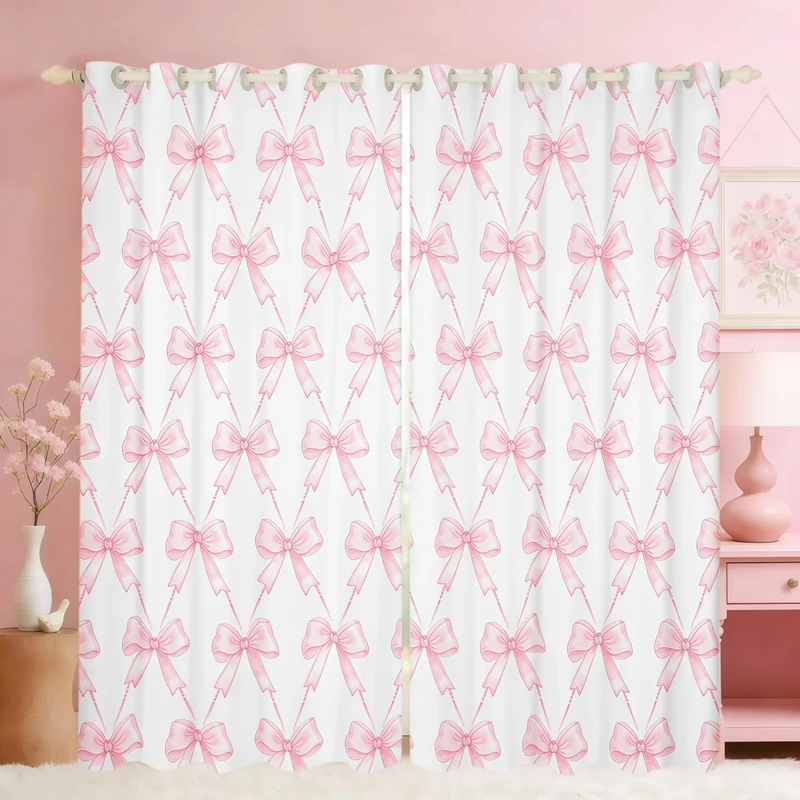 Feelyou Bow 30%-50% Room Darkening Blackout Curtain Boys Girls (2 Panels, 52 x 90 Inch) Pink Girls Bow Curtains for Bedroom Living Room Cute Bowknot Blackout Curtains Kawaii Window Treatments