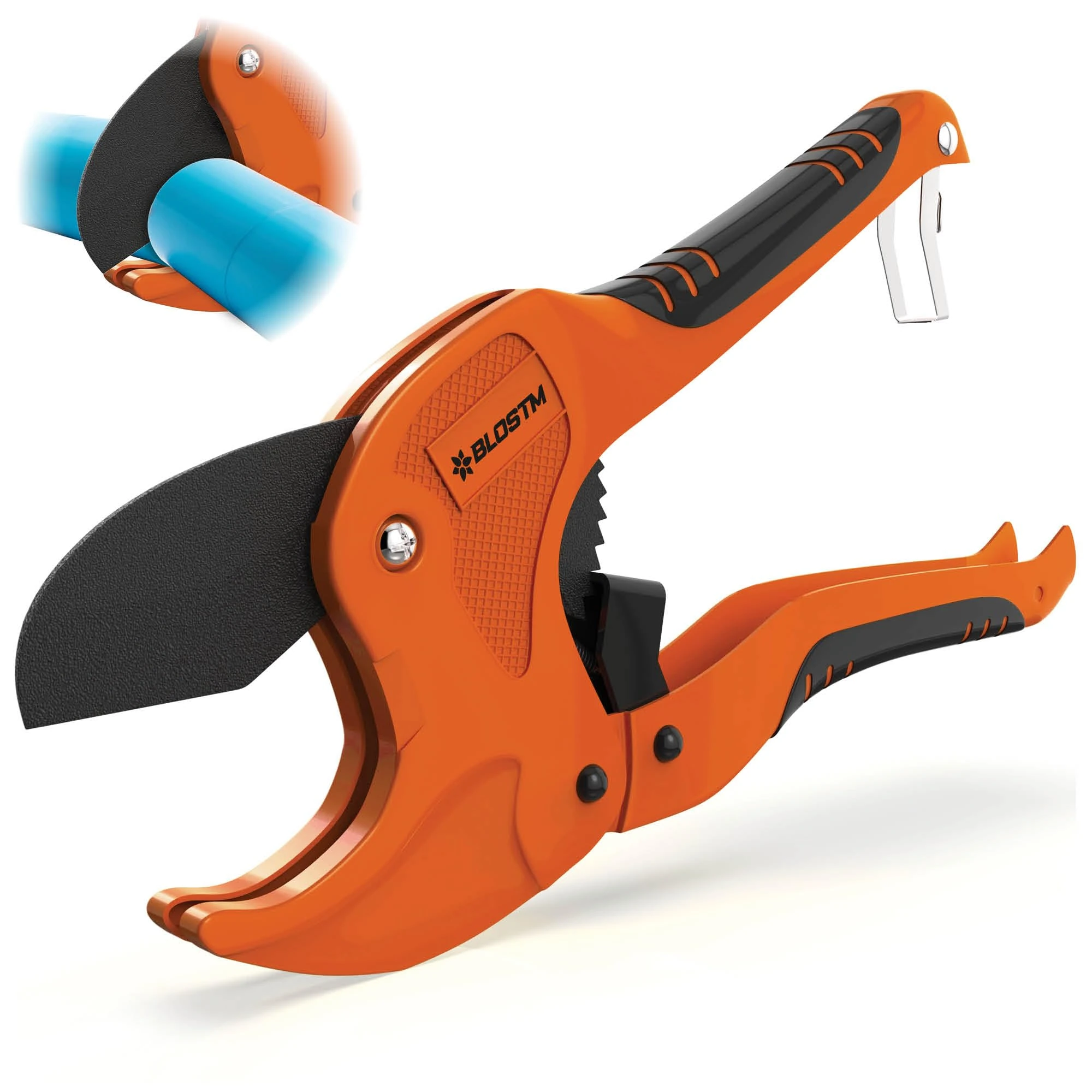 BLOSTM Plastic Pipe Cutter - Heavy Duty Ratchet Pipe Cutters with 42mm Outside Diameter Cutting Capacity for PVC PEX PPR Plastic Pipes & Rubber Hoses, Ergonomic Non-Slip Handle & Safety Lock (Orange)