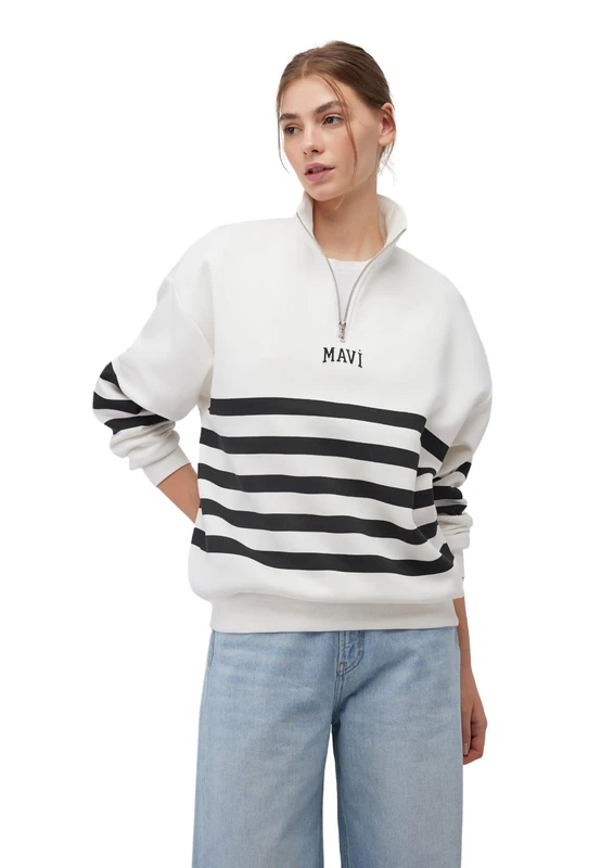 Mavi Women's Half Zip Sweatshirt Pullover, Black Stripe, M, Black Stripe, M