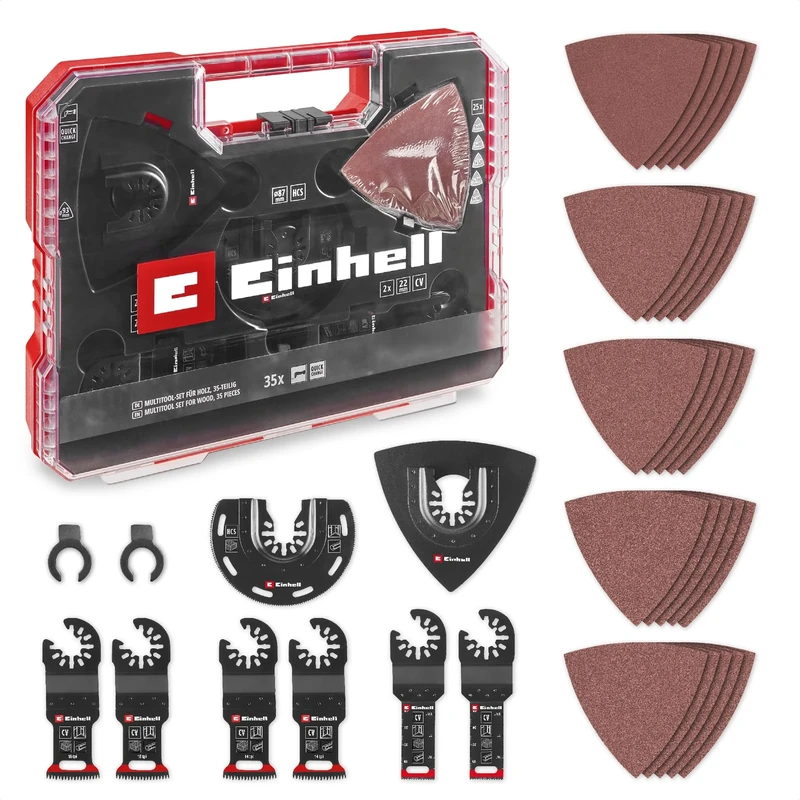 Original Einhell XL-Plus-CASE 35-Piece Multi-Tool Set for Wood (CV Plunge Saw Blades, HCS Half-Round Saw Blade, Delta Backing Plate, Aluminium Oxide Sandpaper for Wood, Dremel Adapter) - Image 1