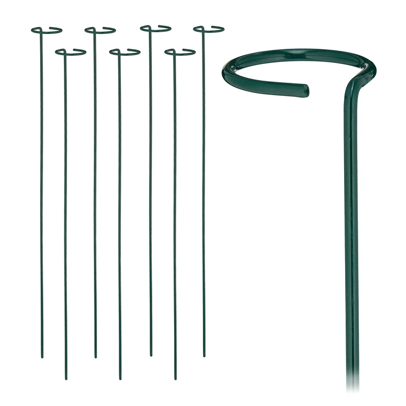 Relaxdays Plant Supports, Set of 8, Metal Climbing Rods with Ring, Garden Stakes, for Climbers, 80 cm Long, Dark Green, Steel