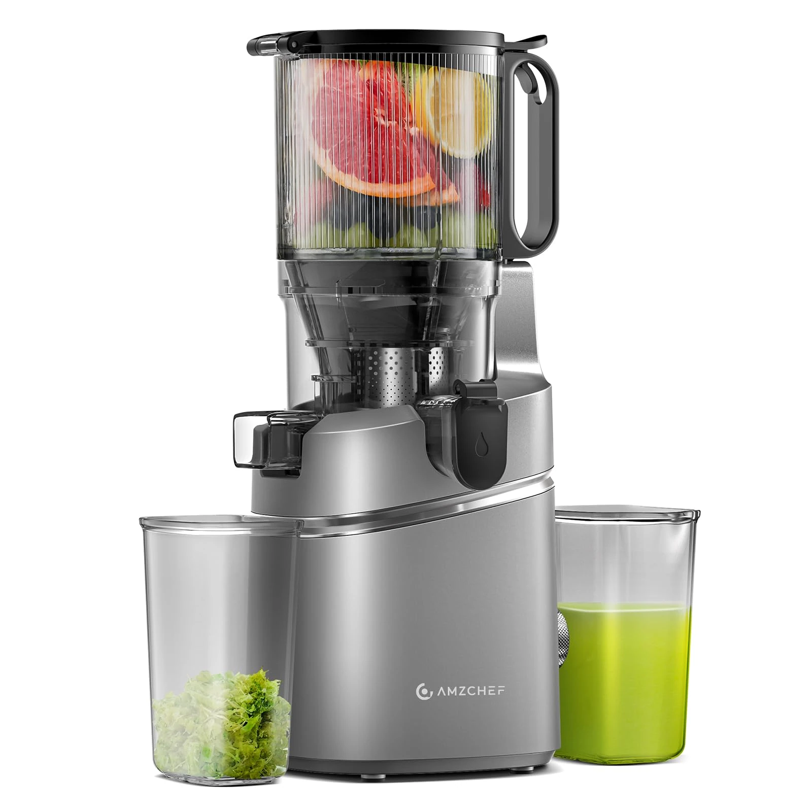 AMZCHEF Automatic Cold Press Juicer Machines 250W Free Your Hands -145MM Opening and 2L Capacity Slow Juicers for Whole Fruit and Vegetable, with Triple Filter, Safety Lock, Classic Grey