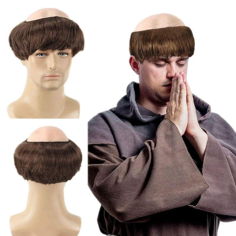 FOUNSHO Brown Monk Wig Short Straight Hair, Monk Fancy Dress Bowl Cut Funny Costume Wig Bald Head Cap with Brown Friar Hair Cut, Men's Party Halloween Old Man Cosplay