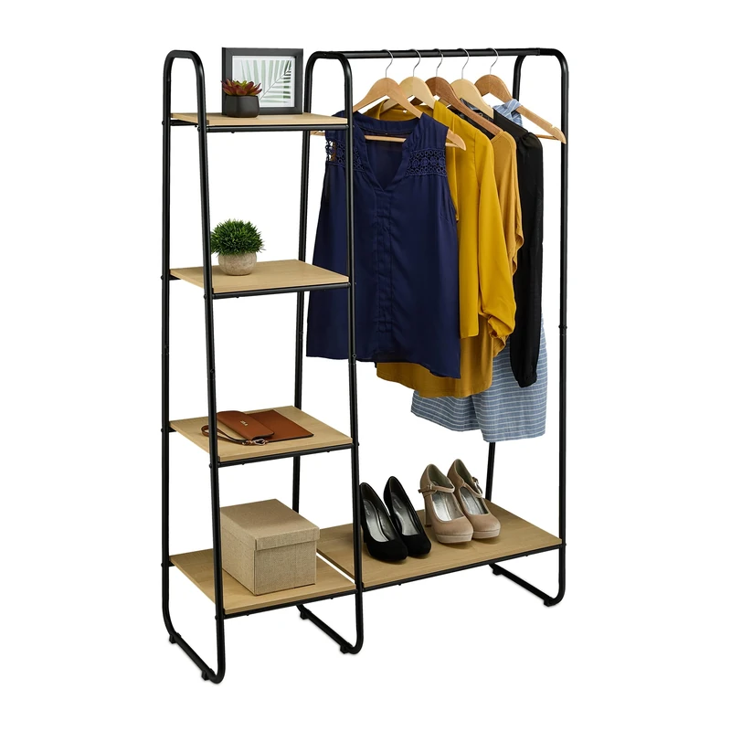 Relaxdays Clothes Rack with Shelves, 150 x 100 x 41 cm, Rail for Jackets & Shirts, Metal, Free-Standing Wardrobe, Black, Iron