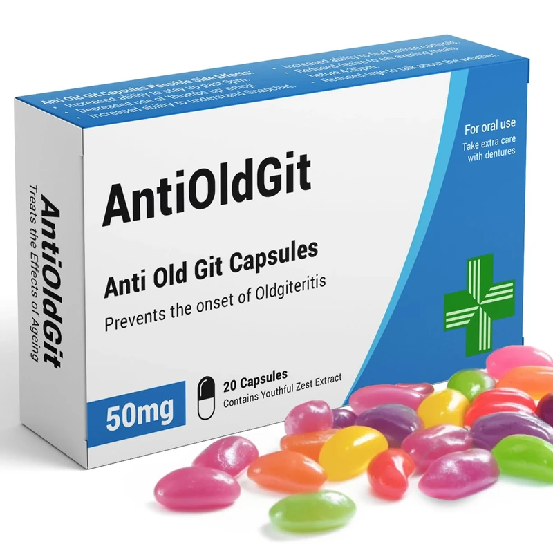 KadoBox - AntiOldGit - Joke Pill Box - Jelly Bean Sweets (50g) - Funny Gifts for Men, 1 Compartment, Birthday and Retirement Presents for Grandad. Rectangle
