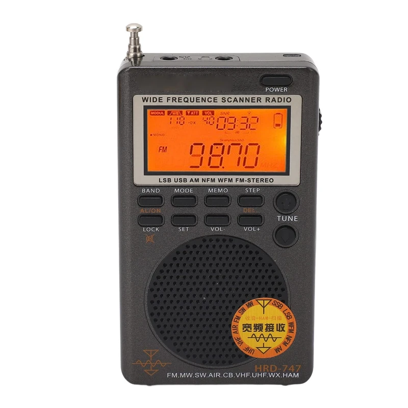 Digital DSP Receiver, Portable Full Band Receiver FM MW SW SSB LSB AIR CB VHF UBD WX Radio, 1000 Memory, Type C Charging Port, 3.5mm Input External Antenna, 40mm 8Ω 1W Speaker