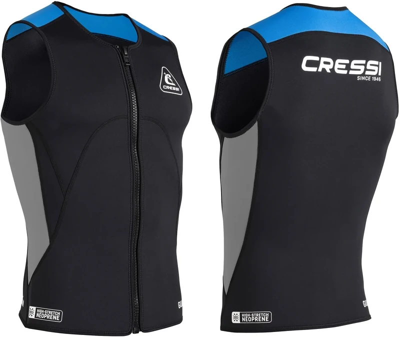 Cressi Guardian Man Neoprene Zipper Vest Black/Blue 2mm L/4 - Double Lined 2mm Neoprene Vest with Zip, for Swimming, Snorkeling, Sup, Surfing, Kayaking and Water Sports, Black/Blue, L/4, Men's