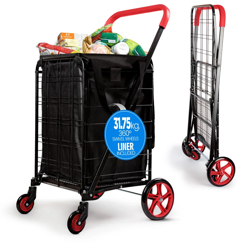 SereneLife Compact Foldable Shopping Trolley with Removable Liner – 45 x 53 x 93cm Collapsible Shopping Cart, 32kg Capacity, Waterproof Bag, 360° Swivel Wheels – Red