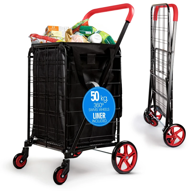 SereneLife Folding Shopping Trolley Cart, 50Kg Capacity, 360° Swivel Wheels, Waterproof Liner, Heavy-Duty Steel Frame, Collapsible, Portable & Tool-Free Setup for Groceries, Laundry, Travel - Red
