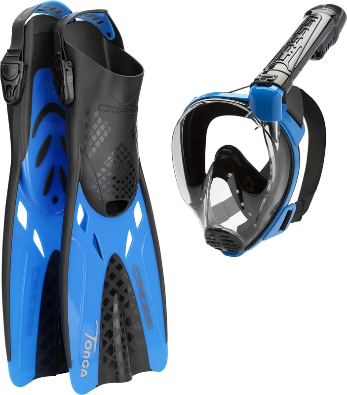 Cressi Baron + Tonga Combo Black/Blue S/M-Set Baron Full Face Mask, Wide View, Anti-fog System, Easy Breathing+Light Adjustable Tonga Fins, Black/Blue, S/M