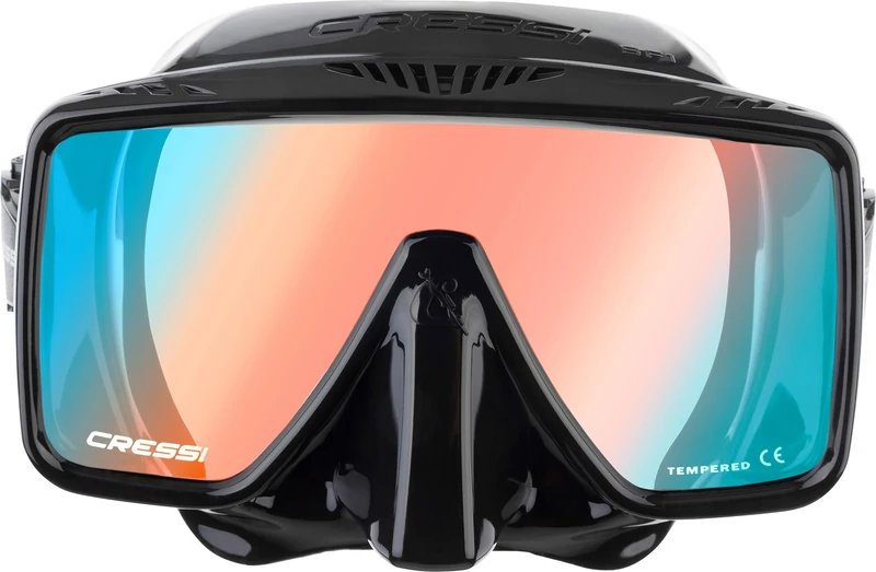 CRESSI since 1946 - SF1 Mask - Frameless Square Mask with Tempered Lens for Freediving and Snorkelling, Black/380 UV Blue Orange Glass, One Size Unisex