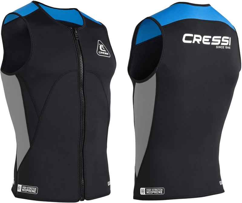 Cressi Guardian Man Neoprene Zipper Vest Black/Blue 2mm M/3 - Double Lined 2mm Neoprene Vest with Zip, for Swimming, Snorkeling, Sup, Surfing, Kayaking and Water Sports, Black/Blue, M/3, Men's
