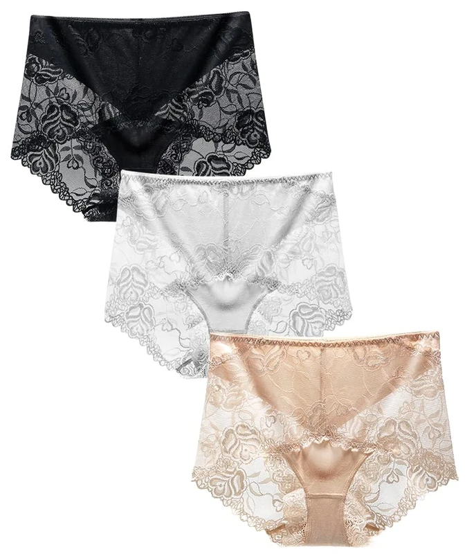 BLKDOTS Women's High Waist Hipster Briefs Seamless Panties Soft Lace Underwear Breathable Underpants, L