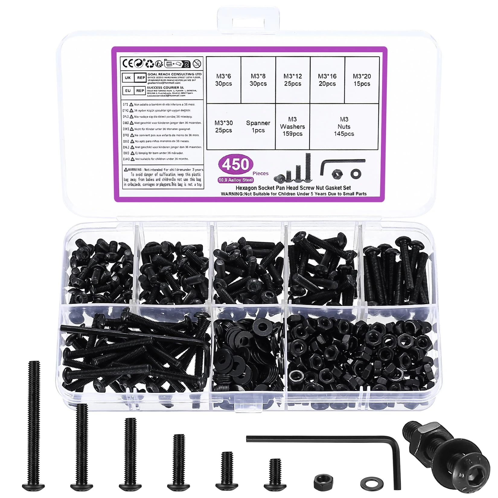 450 Pcs M3 Bolts and Nuts Set, M3 Nuts and Bolts Set, Round Head Hexagon Socket Screws and Washers, Black Hex Socket Button Head Cap Machine Screws Kit