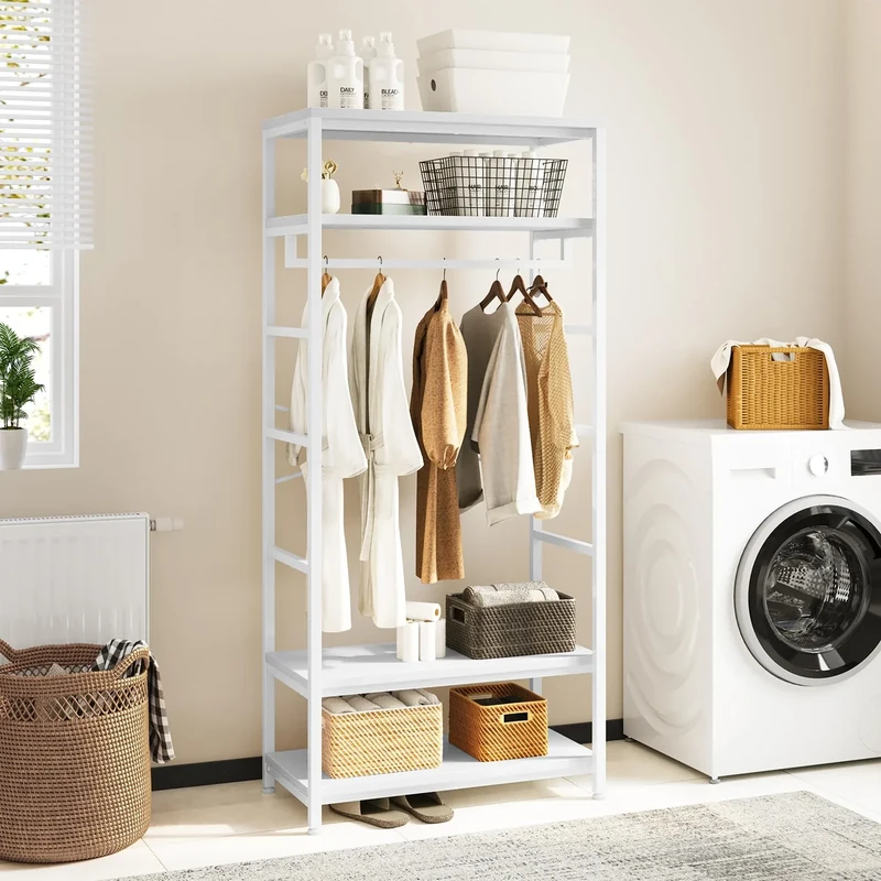YITAHOME Coat Rack, Tall Hall Tree, Industrial Coat Rack Stand with with 4 Shelves, Floorstanding Clothes Rail with Shoe Storage, Garment Rack for Hallway, Living Room, White