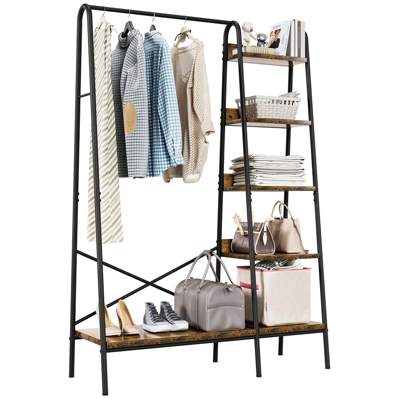 YITAHOME Wardrobe Clothes Rail, Industrial Hall Tree with 5 Shelves, Garment Rack with Shoe Storage, Floorstanding Coat Rack Stand for Bedroom, Hallway, Entryway, Living Room