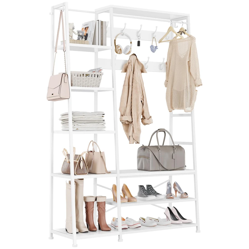 YITAHOME Coat Rack Stand, Large Hall Tree with Bench, Industrial Coat Rack with Shoe Storage, Floorstanding Clothes Rail with 9 Hooks and 5 Shelves Garment Rack for Hallway, Living Room, White