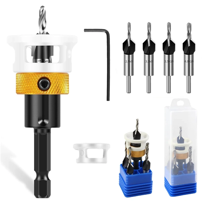 Magicbox Countersink Drill Bit Set, 5 in 1 Countersink Drill Bit with Depth Stop, Woodworking Countersink Bits, Counter Sink Drill Bits for Wood, Wood Drill Bit Set, 2.8-4mm Tapered Drill Bits