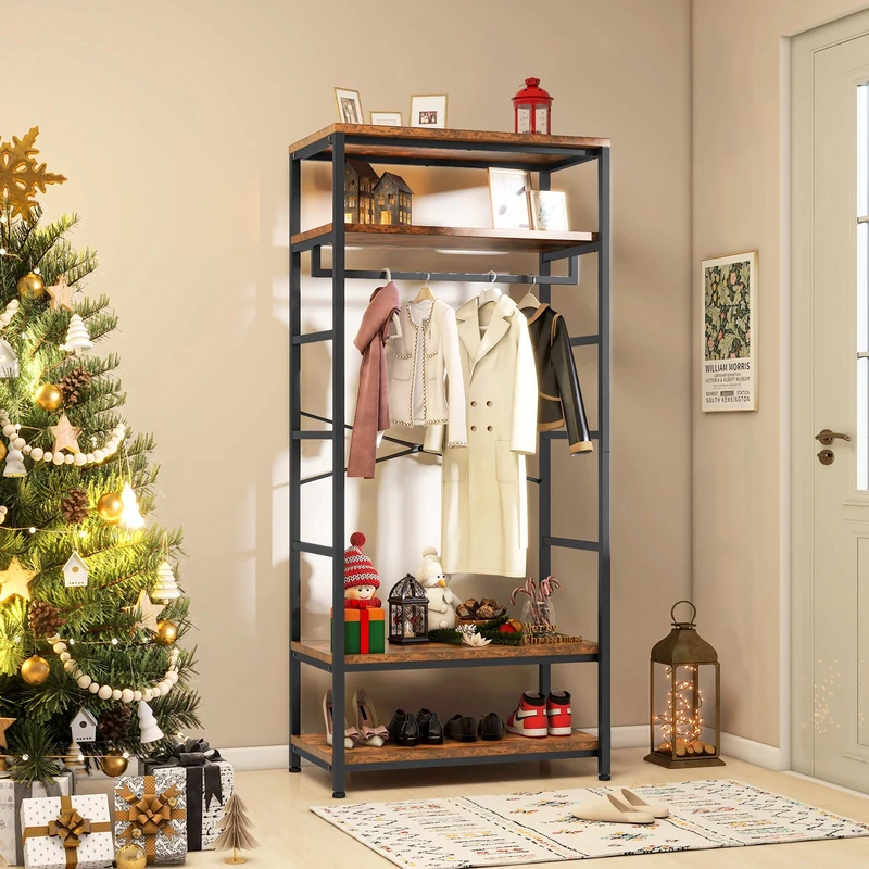 YITAHOME Coat Rack, Tall Hall Tree, Industrial Coat Rack Stand with with 4 Shelves, Floorstanding Clothes Rail with Shoe Storage, Garment Rack for Hallway, Living Room, Rustic Brown