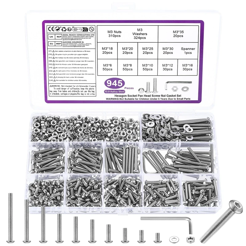 945 Pcs M3 Bolts and Nuts Set, M3 Nuts and Bolts Set, Round Head Hexagon Socket Screws and Washers, Silvery Hex Socket Button Head Cap Machine Screws Kit