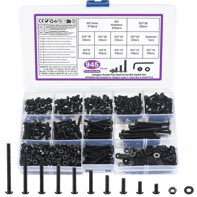 945 Pcs M3 Bolts and Nuts Set, M3 Nuts and Bolts Set, Round Head Hexagon Socket Screws and Washers, Silvery Hex Socket Button Head Cap Machine Screws Kit