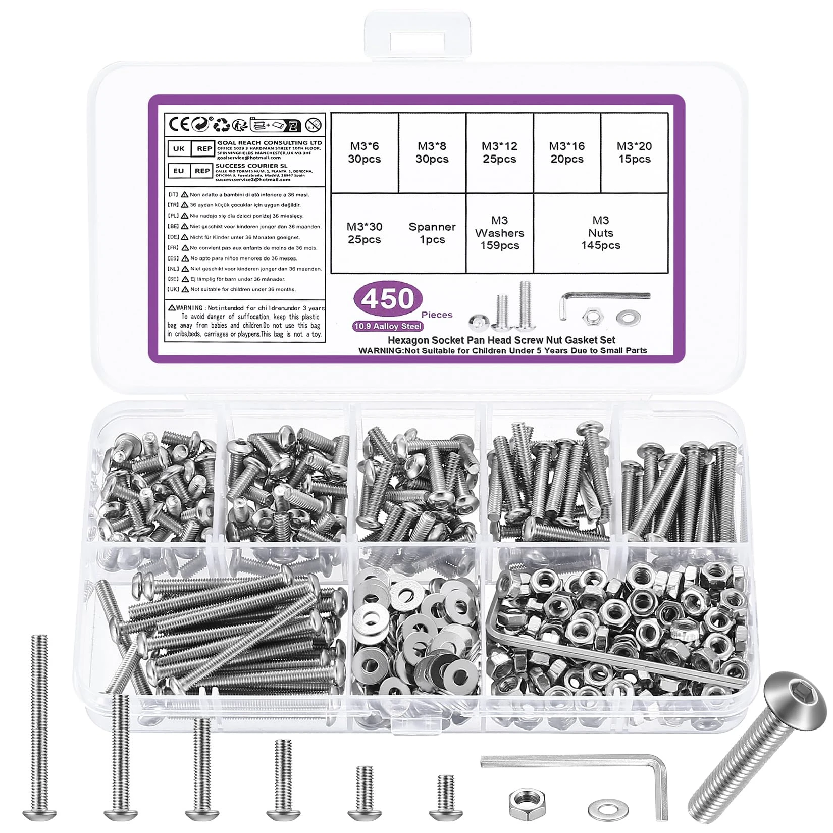450 Pcs M3 Bolts and Nuts Set, M3 Nuts and Bolts Set, Round Head Hexagon Socket Screws and Washers, Silvery Hex Socket Button Head Cap Machine Screws Kit