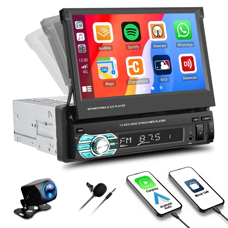 Single Din Touch Screen Car Stereo with Carplay Android Auto, CAMECHO 7 Inch 1 Din Flip Out Bluetooth Car Radio FM Radio TF/USB/AUX Mirror Link + Backup Camera