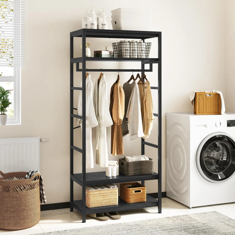 YITAHOME Coat Rack, Tall Hall Tree, Industrial Coat Rack Stand with with 4 Shelves, Floorstanding Clothes Rail with Shoe Storage, Garment Rack for Hallway, Living Room, Black