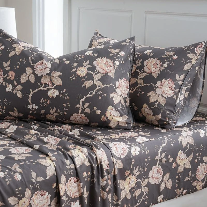 Zusbest Dark Brown Floral Bed Sheets Set - Queen Size Percale Cotton Shabby Rustic Peony Flower Print Bed Sheets - Soft Breathable Mocha Classic Vintage Bedding 4 Pcs Deep Pocket Flower Bed Sheets
