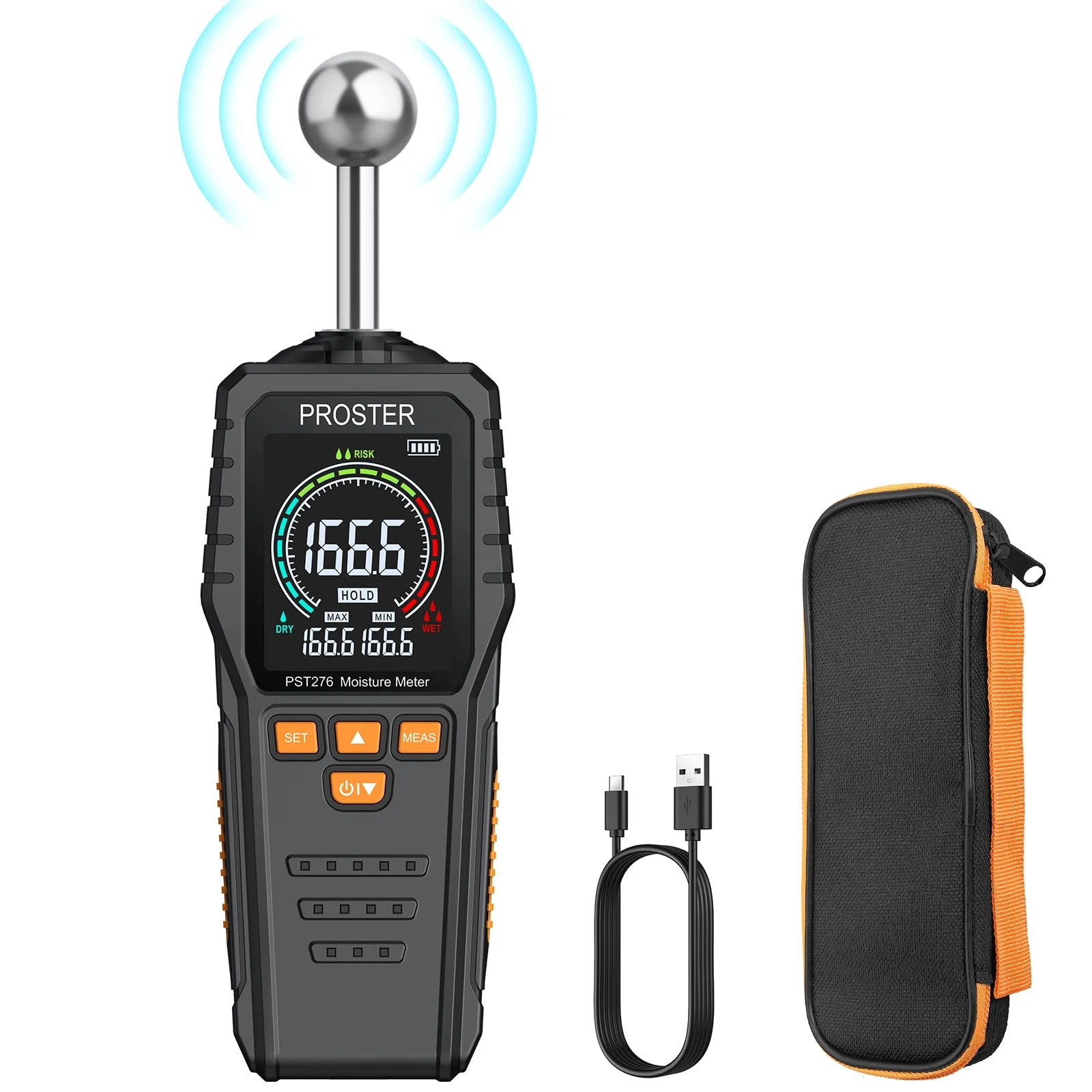 Proster Rechargeable Moisture Meter - Pinless Damp Meter with 2.4 inch Colour LCD Screen Sound Light Alarm 58mm Spherical Probe Damp Detector Detects 5-40 mm Depth for Wood Building Cardboard Concrete